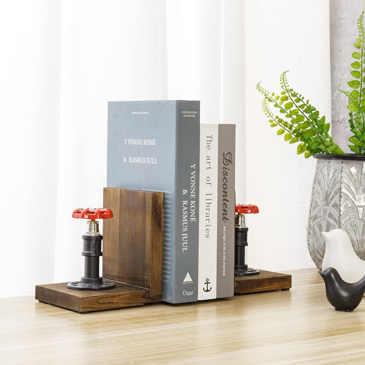 Industrial Decorative Bookends, Valve and Pipe Sculpture with L-Shaped Wood Tabletop Book Holder, 1 Pair-MyGift