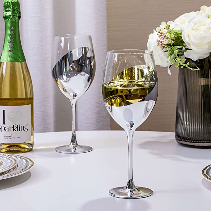 Modern 14 oz Stemmed Wine Glasses with Silver Angled Metallic Accent Design, Set of 6-MyGift