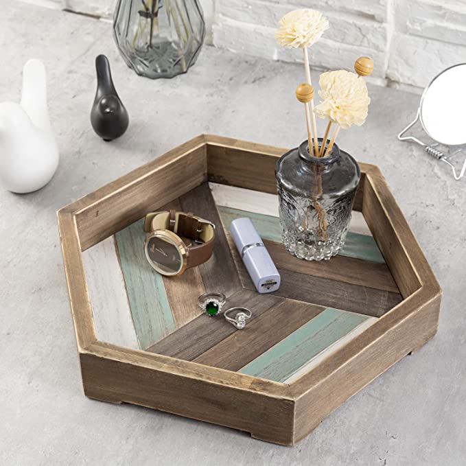 12-inch Hexagonal Burnt Wood Serving Tray with Multicolored Stripes-MyGift