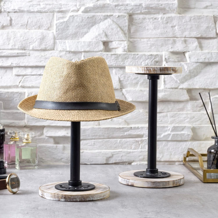 Set of 4, Tabletop Hat Stand, Whitewashed Wood and Industrial Matte Black Metal Pipe Freestanding Hat Rack, Wig Holder-MyGift