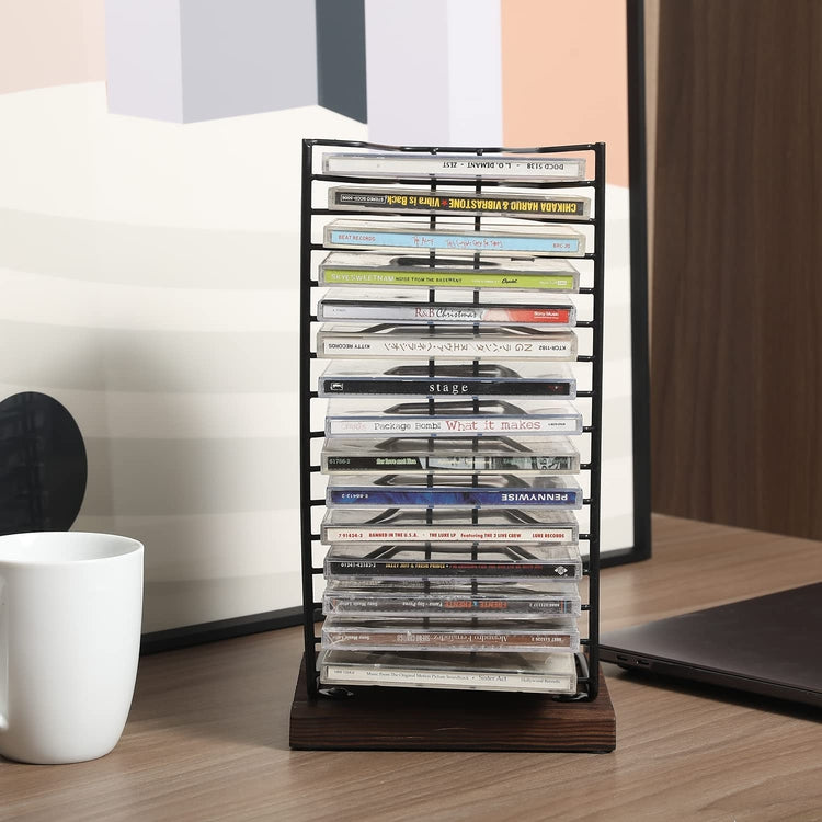 Matte Black Metal Wire and Burnt Wood Base Compact Disc Holder Vertical Storage CD Display Rack, Holds 15 Jewel Cases-MyGift