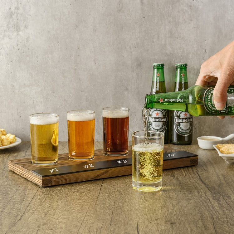 Beer Flight Board Set Includes 4 Tasting Beer Glasses, Burnt Wood Serving Tray with Chalkboard Panel-MyGift