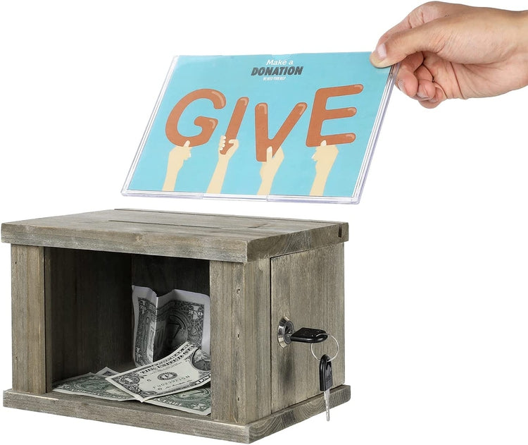 Set of 2, Gray Wood Lockable Suggestion Box, Donation Box with Removable Chalkboard and Acrylic Sign Holder-MyGift