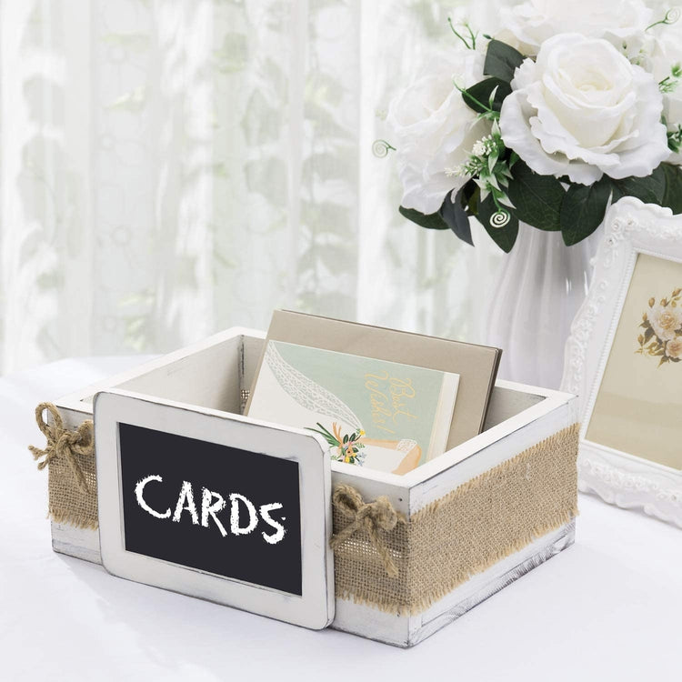 White Wood Tabletop Decorative Box, Gift Card Crate with Chalkboard Label and Rustic Burlap Wrap-MyGift