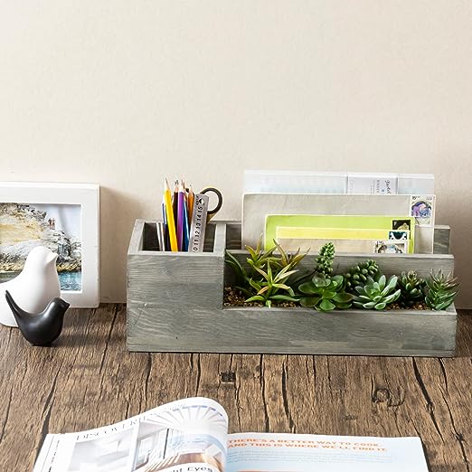 Gray Wood Desktop Organizer with Artificial Mini Succulent Plants, Mail Sorter and Office Stationery Holder-MyGift