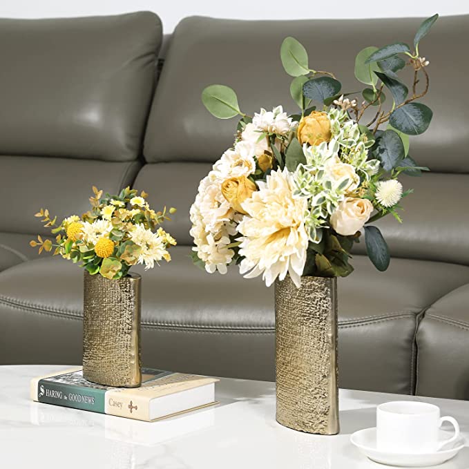 Gold Tone Oval Flower Planter Pot with Metallic Linen Pattern Design, Set of 2-MyGift