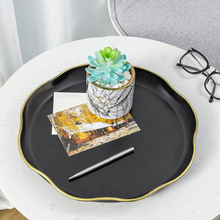Art Deco Matte Black Metal and Brass Tone Rim Serving Platter with Scalloped Edges, Round Vanity Tray Display-MyGift