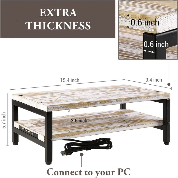 Monitor Stand Riser, Whitewashed Wood and Black Metal Ergonomic Computer Screen Desktop Workstation with USB Ports-MyGift