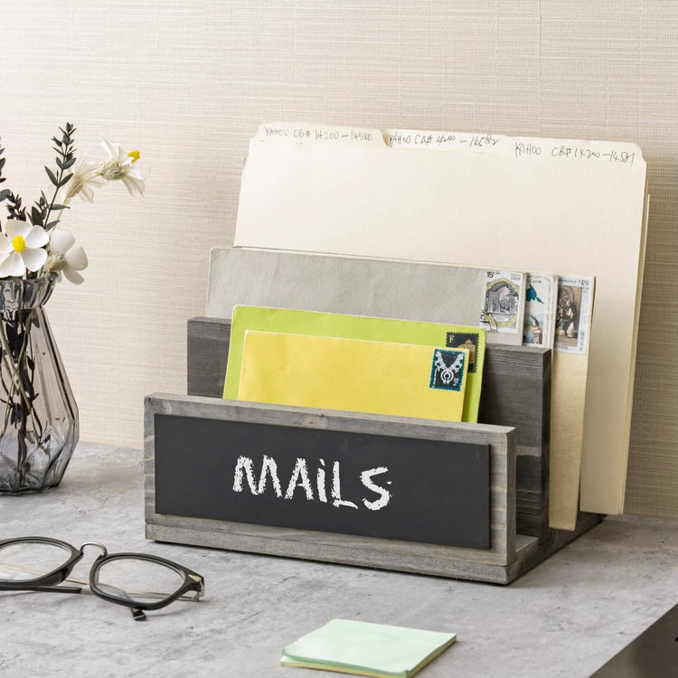 3 Slot Mail Sorter, Gray Wood Letter Organizer, Document Desk Filing Folder Storage Holder with Chalkboard Label-MyGift