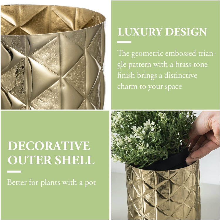 5.5 Inch Brass Tone Aluminum Planter with Geometric Embossed Triangle Pattern, Decorative Designer Metallic Flower Pot-MyGift