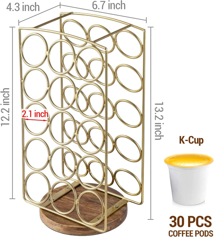 Brass Tone Plated Metal and Brown Mango Wood Coffee Pod Holder Stand, Tabletop Café Bar Coffee Capsule Storage Rack-MyGift