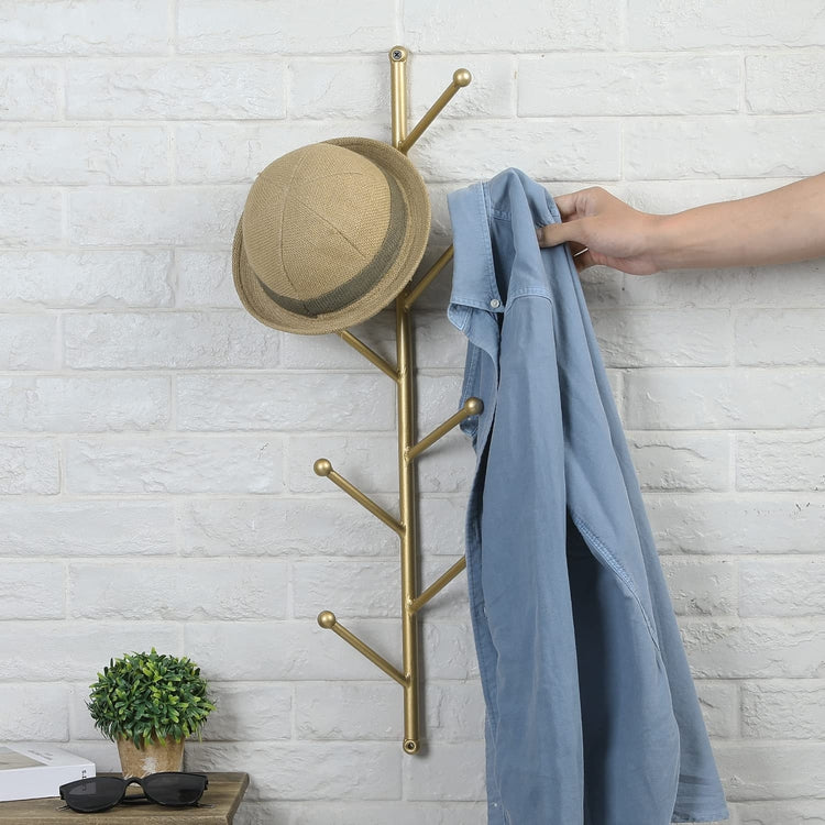 Gold Tone Metal Wall Mounted Hat, Coat, Garment Hanging Rack with 8 Tree Branch Style Hanger Hooks-MyGift