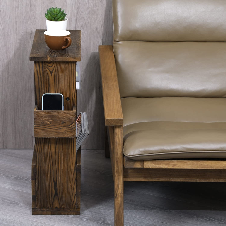 Burnt Wood End Table with Magazine Holder, Storage Display Shelf and Remote Control Holder Rack-MyGift