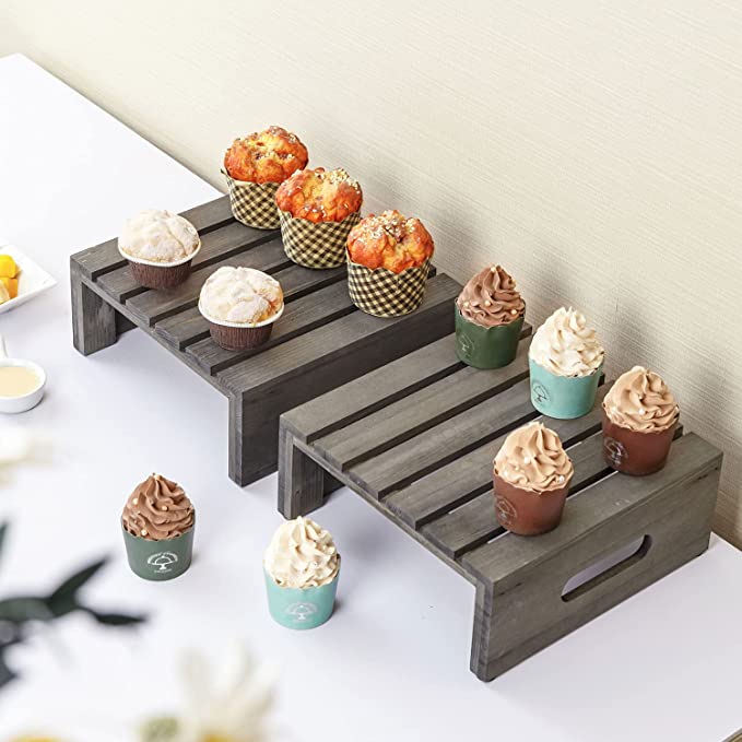 Gray Wood Square Cupcake, Cake, Food Riser Buffet Display Stands with Handles, Set of 2-MyGift
