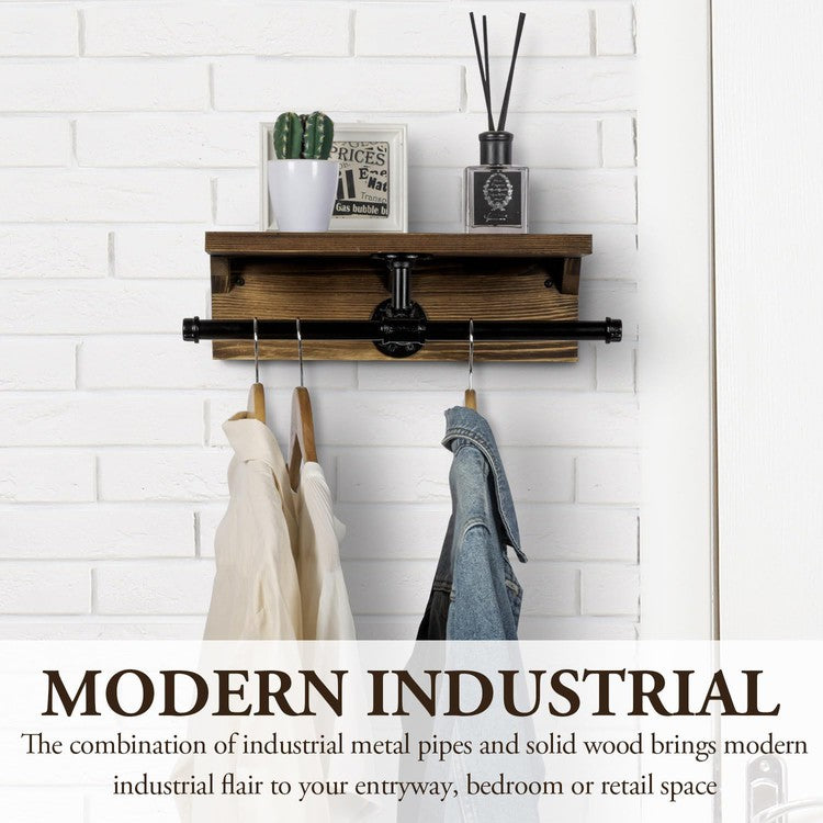 Wall Mounted Brown Wood Garment Rack, Black Metal Pipe Storage Clothing Hanger Rod and Display Shelf-MyGift