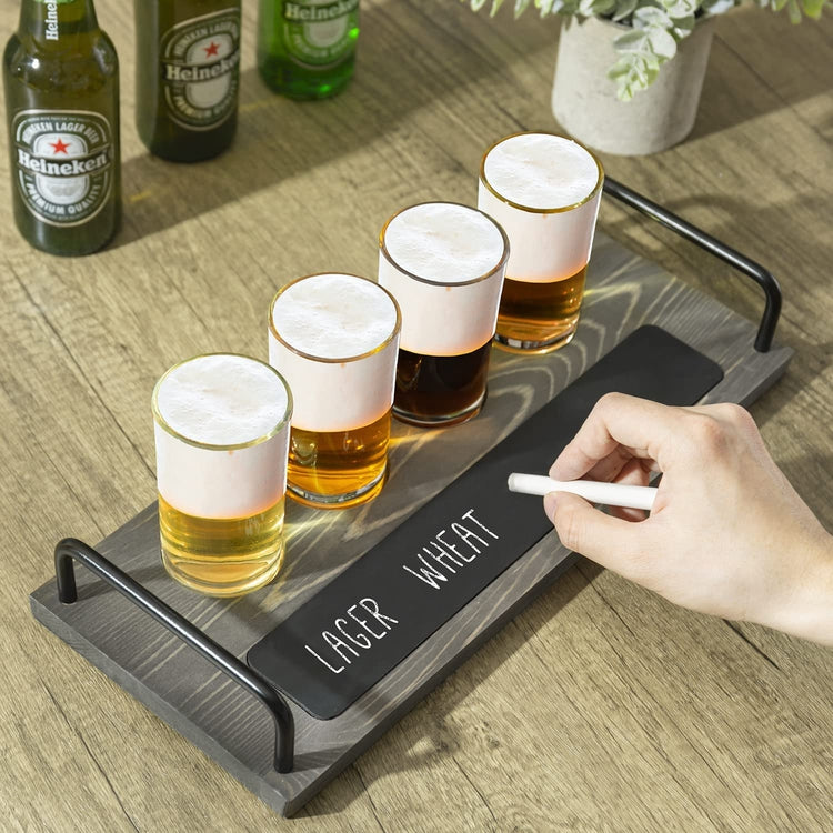 Gray Wood Beer Flight Set with Black Wire Metal Handles, 4 Beer Tasting Glasses, Plank Serving Tray and Chalkboard Label-MyGift