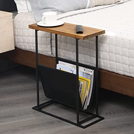 Burnt Wood End Table with Industrial Metal Frame and Magazine Holder Sling, Slim Side Table for Small Spaces-MyGift