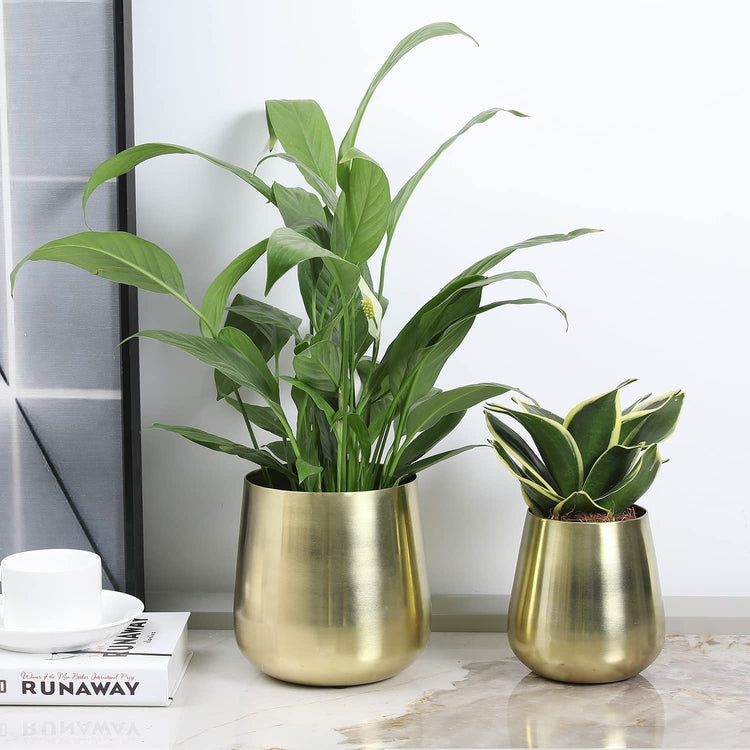 Set of 2, Flower Vase Brass Tone Brushed Metal Tapered Cylindrical Planter, Decorative Indoor Plant Pot-MyGift