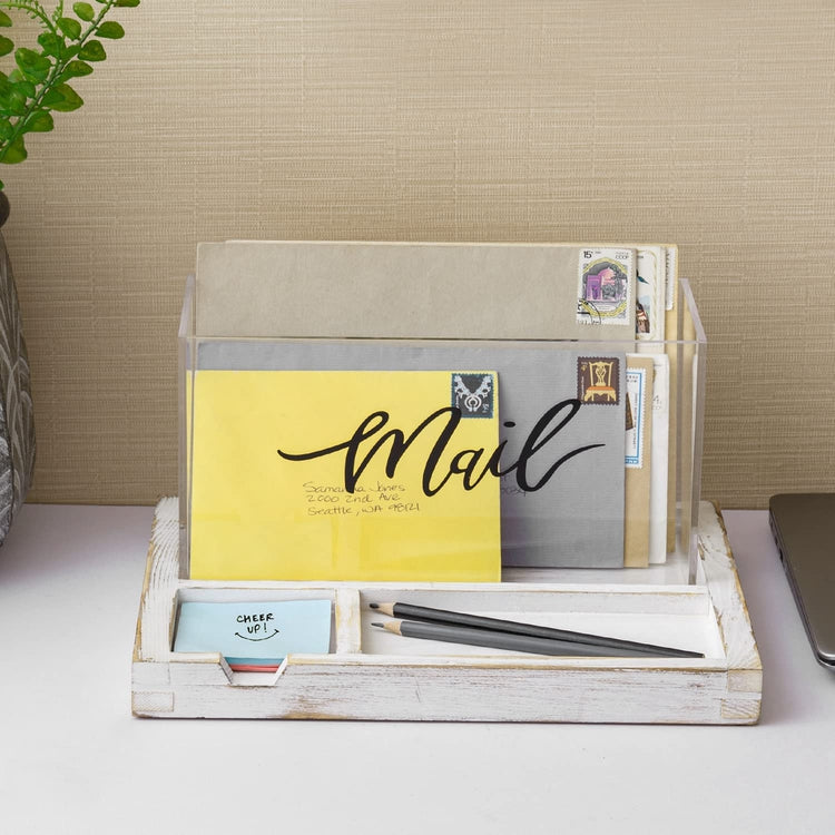 Clear Acrylic Mail Sorter Box with Cursive Decorative "Mail" Label and Burnt Wood Office Supplies Tray-MyGift