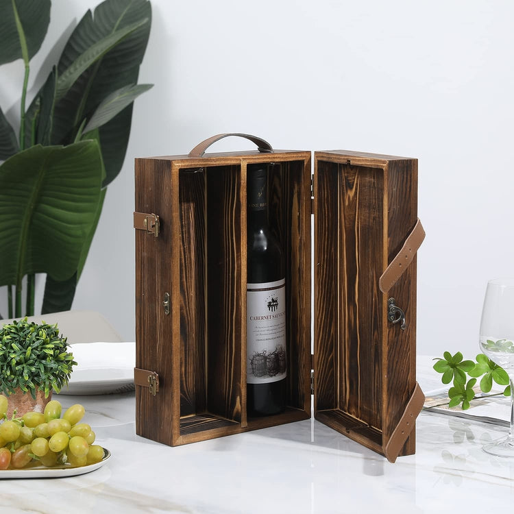 Burnt Wood Double Bottle Wine Gift Box Carrier with Leatherette Straps, Top Handle, Vintage Clasp-MyGift