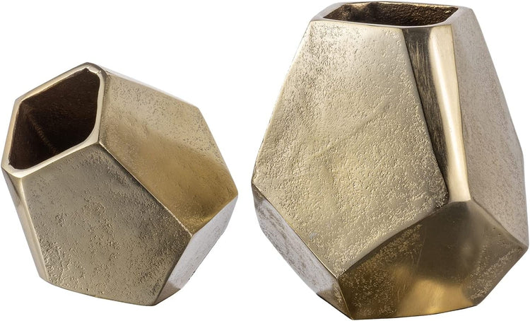 4 and 6 Inch Brass Tone Cast Aluminum Geometric Vases, Pentagonal Vase Centerpiece-MyGift
