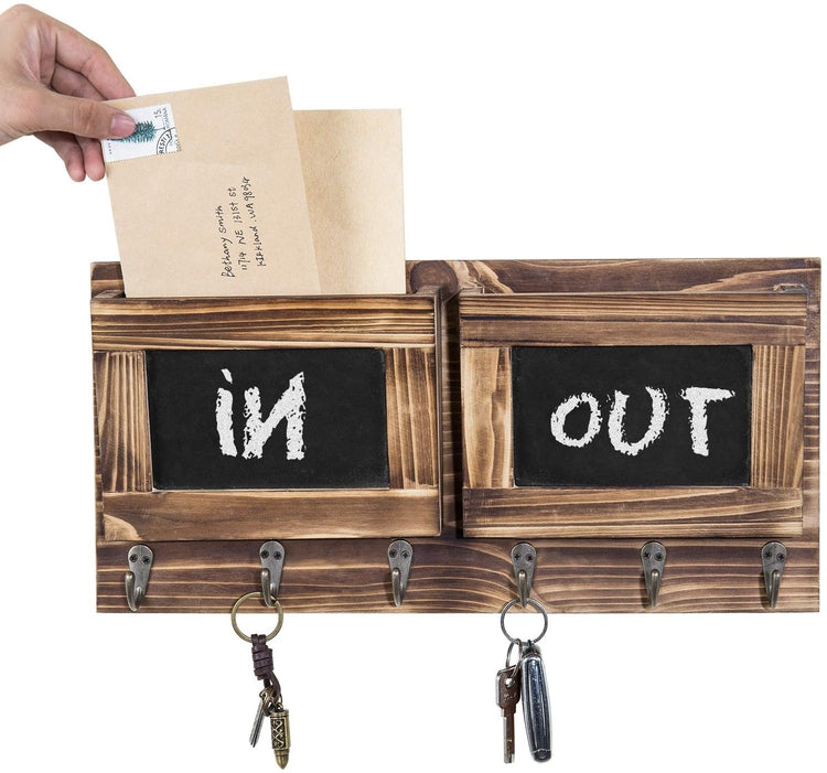 2-Slot Brown Wood Wall Mounted Mail Holder with 6 Key Hooks and Chalkboard Labels-MyGift