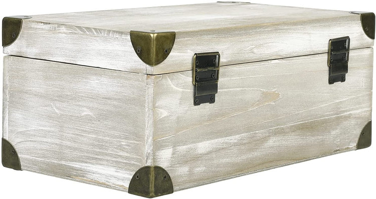 Whitewashed Brown Wood Retro Audio Cassette Tape Storage Box with Vintage Brass Metal Bracket Accents-MyGift