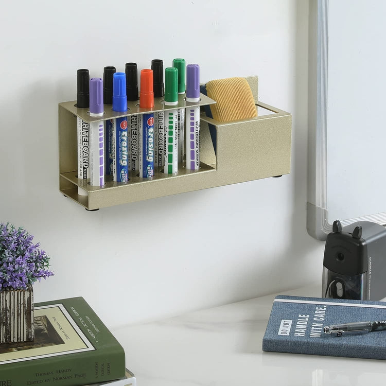 Dry Erase Marker Holder, Brass Tone Metal Wall Mounted Office Whiteboard Accessories and Eraser Organizer Rack-MyGift