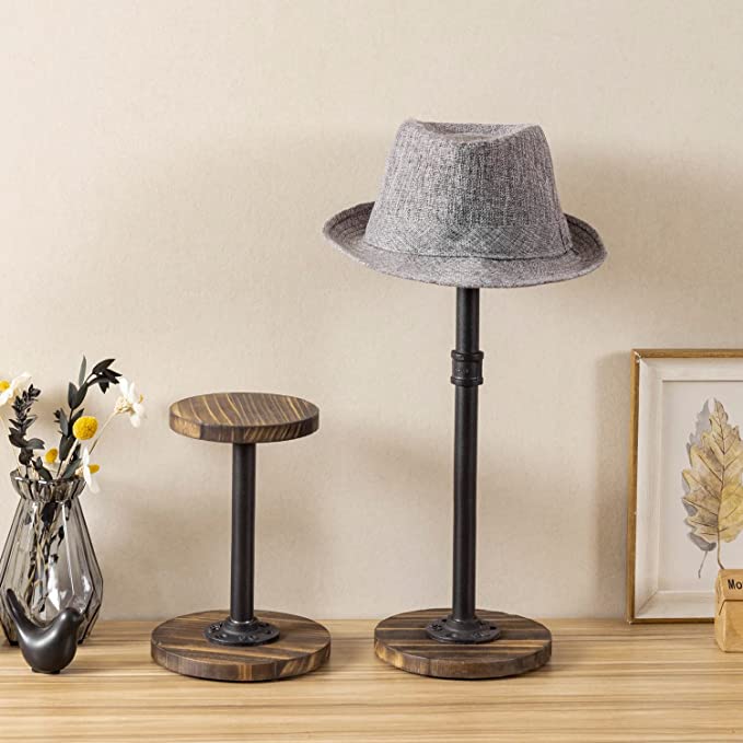 Wood Hat Holder Stand with Industrial Metal Pipe, Tabletop Hat Rack, Set of 2-MyGift
