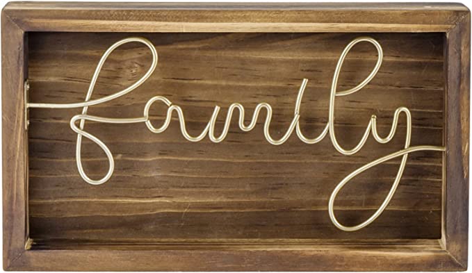 Burnt Solid Wood Framed Wall Art Sign with Brass Tone Metal Wire Cursive Family Word Sign-MyGift