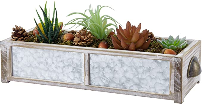 Decorative Artificial Succulents, Wood and Metal Tabletop Artificial Succulent Centerpiece with Vintage Brass Tone Handles-MyGift