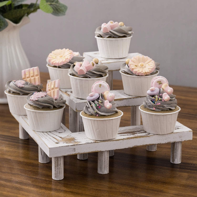 3-Tier Whitewashed Wood Chevron Arrows Corner Cupcake Display Stand, Dessert Riser Rack-MyGift