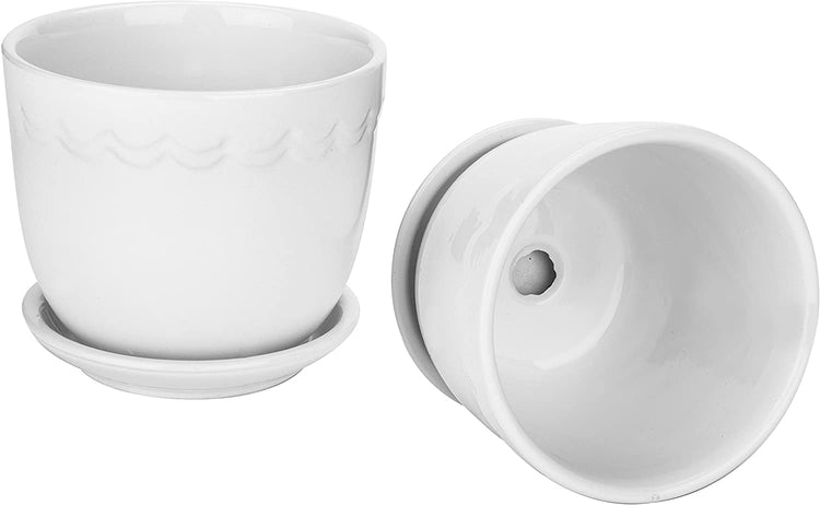 Set of 2, White 4-Inch Scallop Design Succulent Planter with Attached Saucers, Ceramic Pot-MyGift