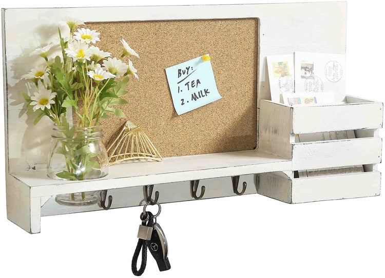 White Wood Entryway Organizer Rack with Cork Board, 4 Knob Style Hooks and Glass Jar-MyGift
