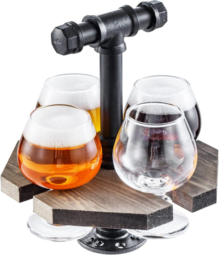Industrial Pipe and Weathered Gray Wood Beer, Whiskey Flight Set with 4 Glasses-MyGift