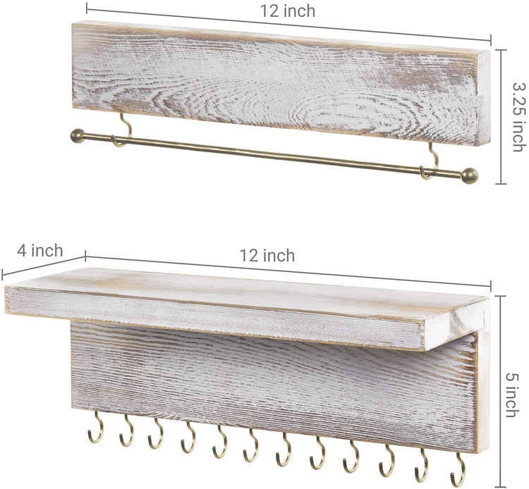 2 Piece Wall Mounted Jewelry Bar and Shelf with 12 Hooks, Shabby Whitewashed Wood Necklace Storage-MyGift