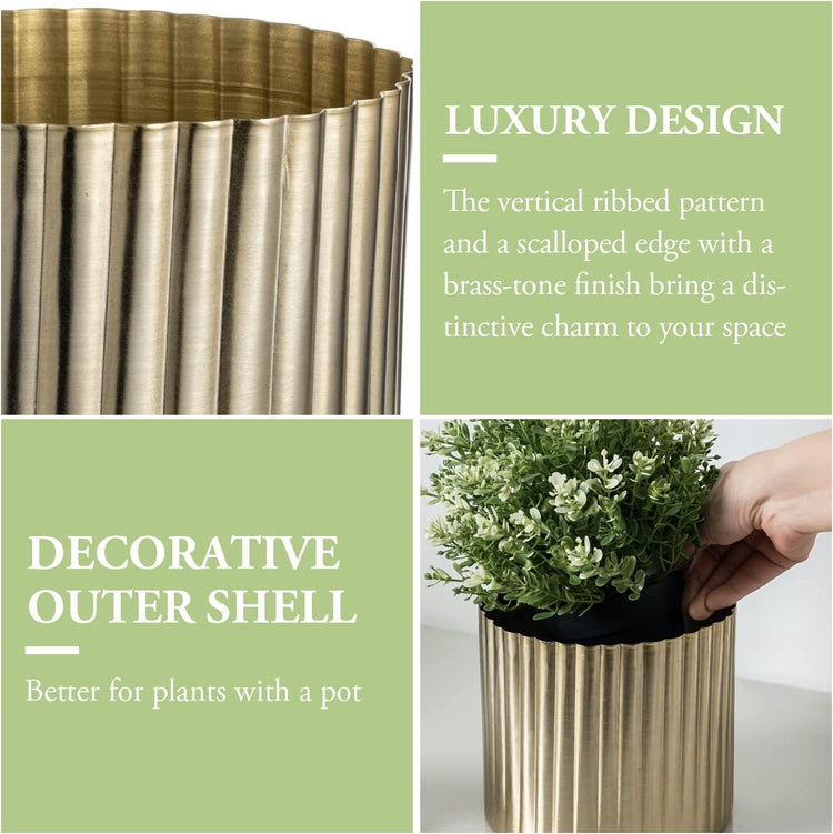 5.5 Inch Brass Tone Metal Fluted Planter with Decorative Scalloped Edge, Vertical Ribbed Pattern Plant Pot Flower Vase-MyGift