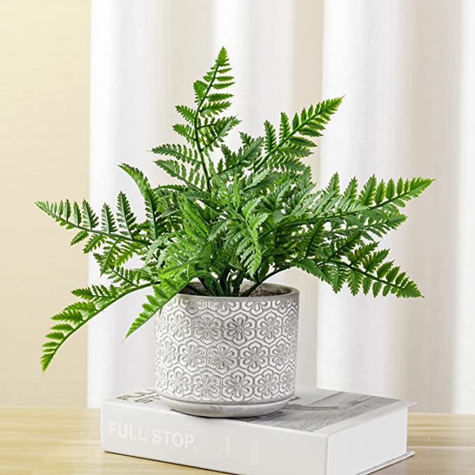 Fake House Plant, Artificial Boston Fern Potted in Embossed Concrete Planter Pot with Fillers-MyGift
