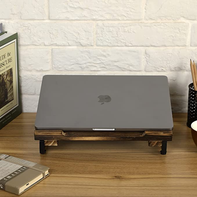 Portable Laptop Stand, Burnt Solid Wood and Matte Black Metal Angled Laptop Riser Cooling Stand-MyGift