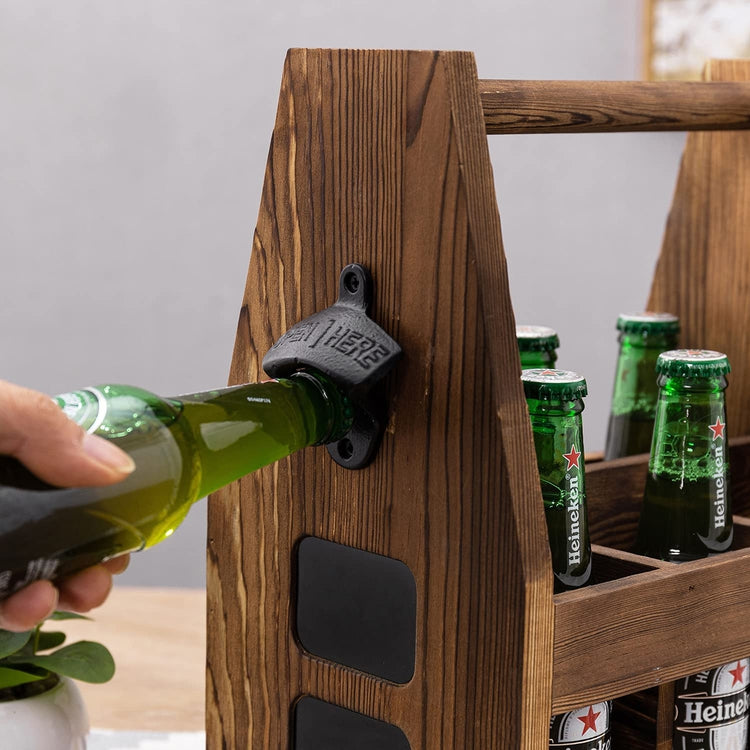 My Rustic Burnt Wood Beer Bottle Holder Caddy, Wooden Six-Pack