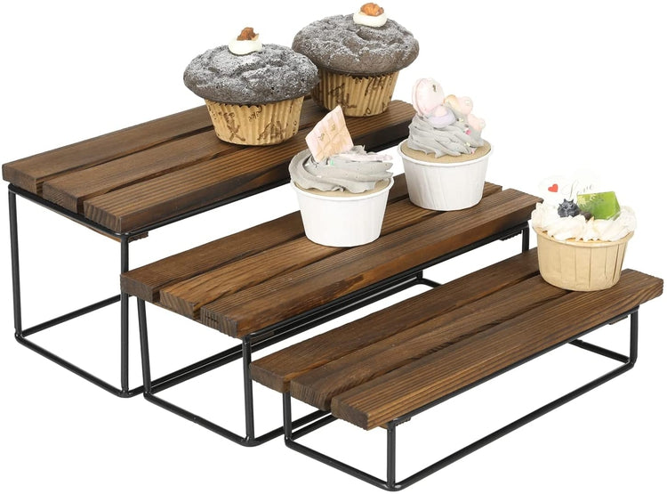 Set of 3, Burnt Wood and Black Metal Wire Rectangular 3 Tiered Dessert Display Riser Cupcake Stands-MyGift