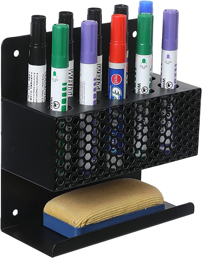 10 Slot Wall Mount Black Metal Dry Erase Marker Holder, Honeycomb Style Perforated Front Panel Office Rack-MyGift