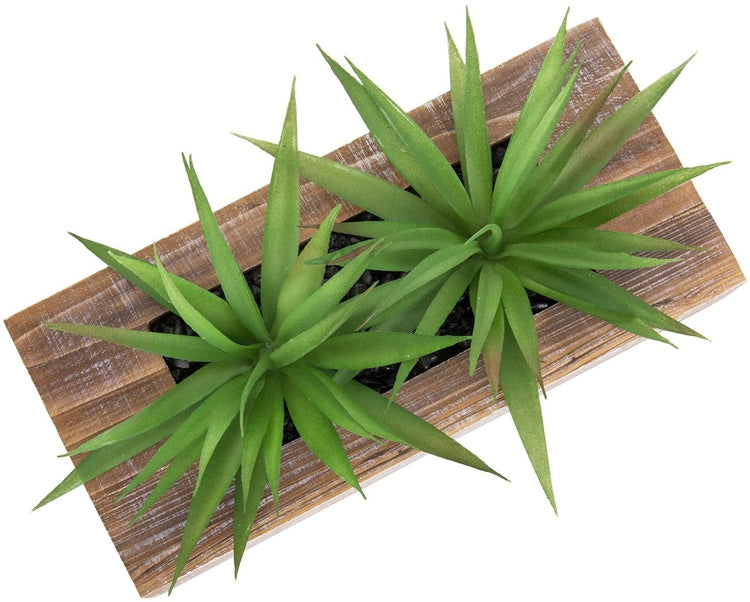 10-inch Artificial Green Grass Plants in Brown Wood Rectangular Planter Pot-MyGift