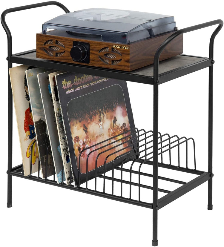 2-Tier Gray Wood & Black Metal Turntable Stand w/ 14 Slot Record Storage-MyGift