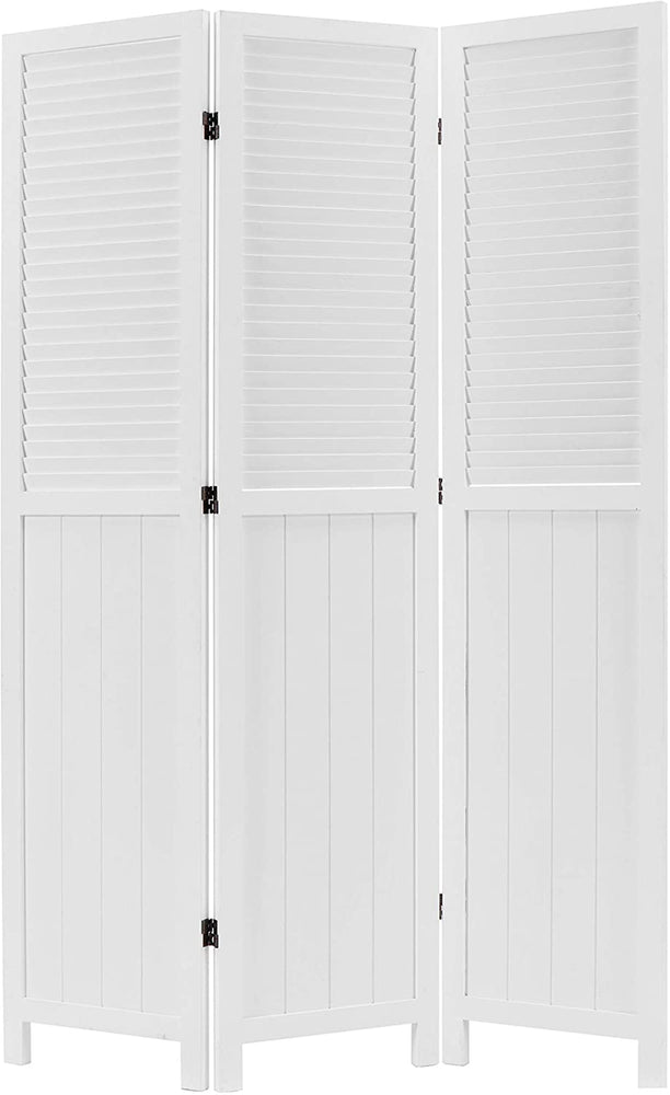 3-Panel Vintage White Room Divider Louvered Wood Folding Room Divider-MyGift