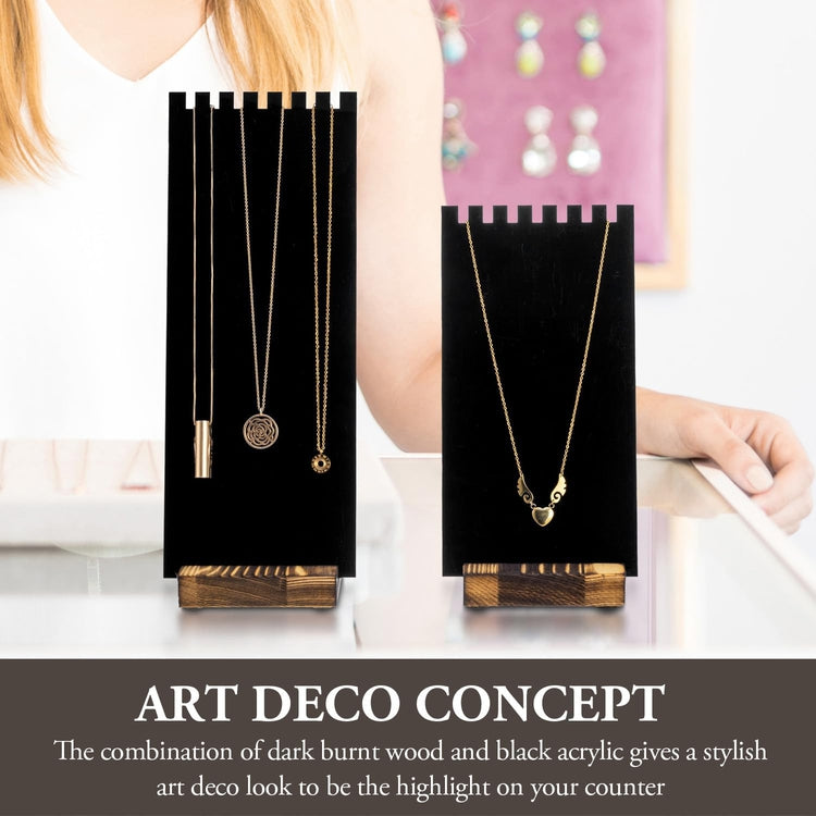 Black Acrylic Necklace Holder with Detachable Panel and Burnt Wood Base, Tabletop Jewelry Easel Stand Retail Display-MyGift