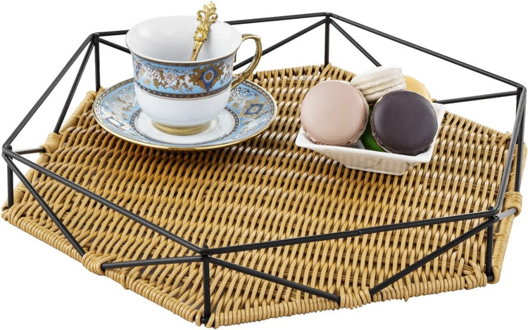 Hexagonal Brown Woven Rattan Tray with Black Metal Geometric Frame Handles-MyGift
