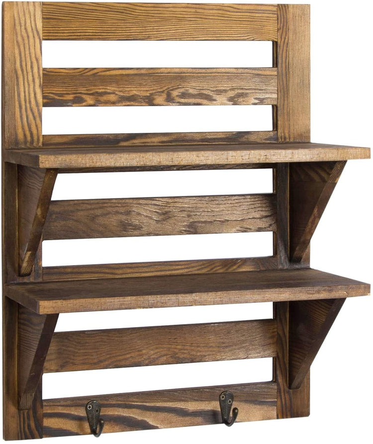 Dark Brown, 2-Tier Wall Mounted Wood Floating Shelf Rack with 2 Key Hooks-MyGift