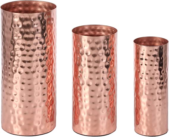 Modern Centerpiece, Decorative Copper Tone Metal Tall Cylinder Flower Vases, Set of 3 (Large, Medium, Small Sizes)-MyGift