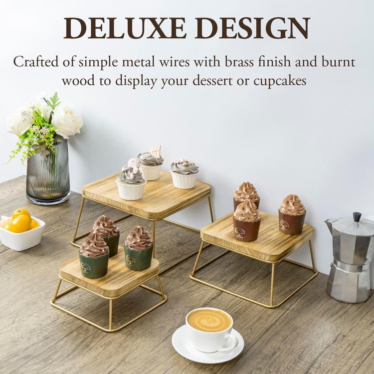 Set of 3, Dessert Risers, Large Burnt Wood and Gold Tone Metal Wire Square Serving Stands, Cupcake Display Risers-MyGift